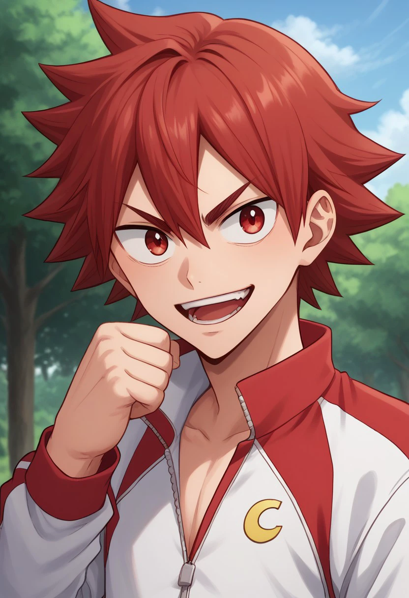 score_9, score_8_up, score_7_up, source_anime, highly detailed, 
naruko, male focus, 1boy, open mouth, solo, red hair, upper body, jacket, red eyes, track jacket, spiked hair, clenched hands, raised hands, teeth, looking at viewer, smile,
hair between eyes, long sleeves,
outdoor, sky, tree,