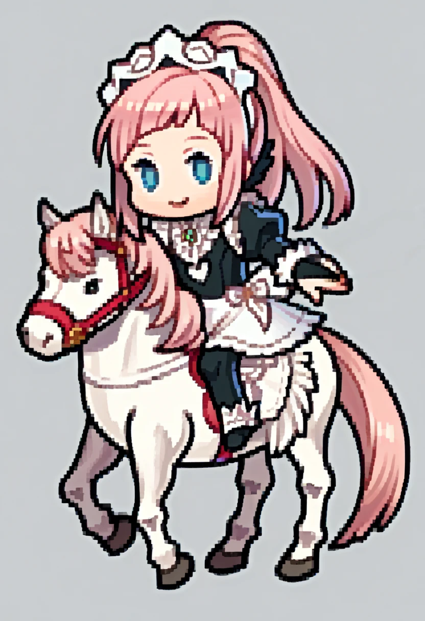 score_9, score_8_up, score_7_up, source_anime, BREAK 1girl, solo, <lora:Feh-Sprites-pdxl_Fp:1>, simple background, chibi, full body, horseback riding, horse, <lora:felicia-fe-richy-v1_xl:1>, feliciadef, pink hair, ponytail, blue eyes, maid headdress, brooch, maid apron, black thighhighs, bridal gauntlets, smile
