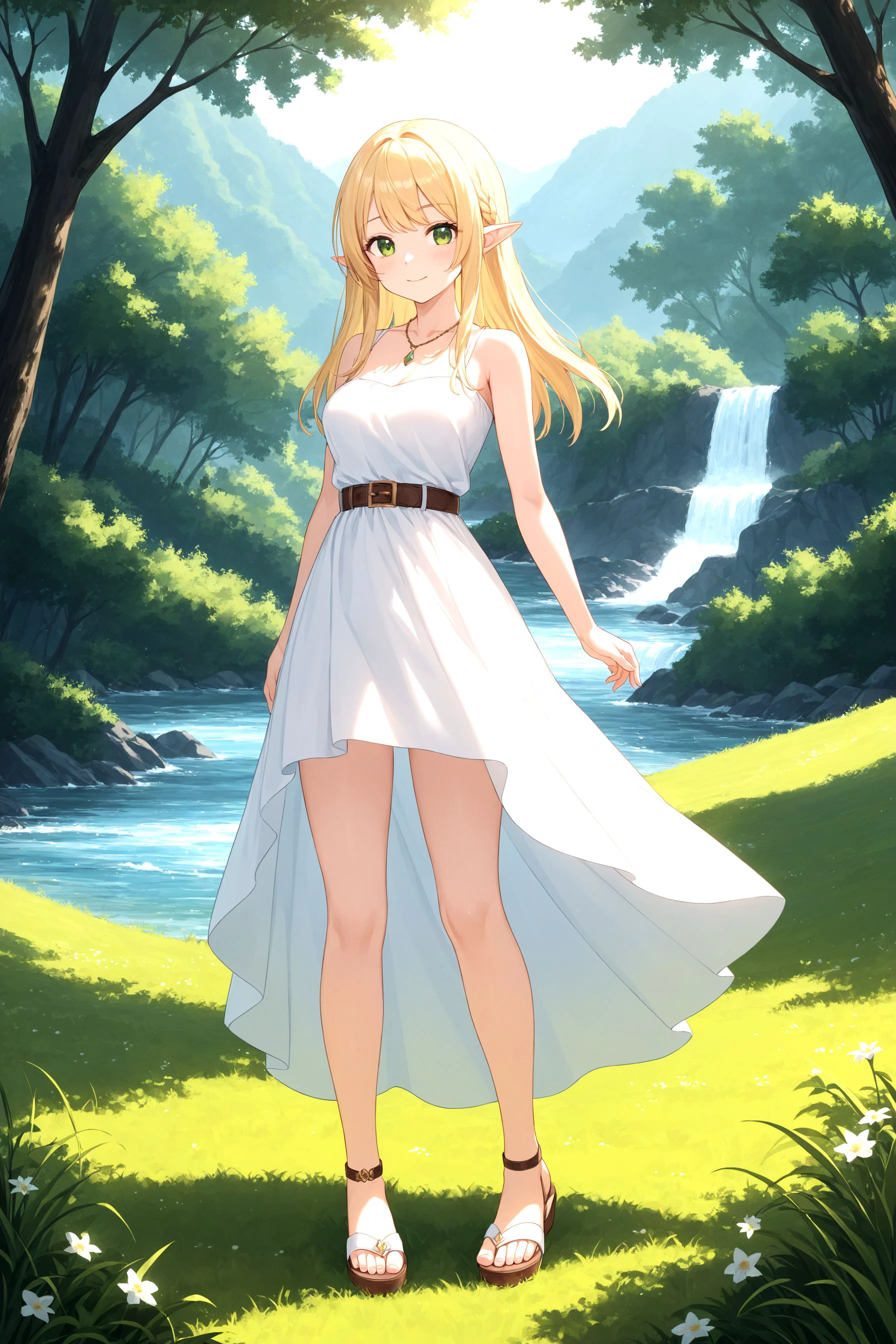 1girl, solo, female, (oshino_shinobu),<lora:loraOshinoShinobu-v1:0.6>, (blonde) (blonde_hair), (yellow_hair), ((long_hair)), ((bangs)), (yellow_eyes), blush, cute, innocent face, pointy_ears, (blush_stickers), flat_chest, dress, white_dress, bow, standing, looking_back global illumination, hdri, subsurface scattering, masterpiece, 4k, raytrace, beautiful, sharp, smooth skin, bloom, anime sunset, nature, windy, trees, flowers, sakura_petals,