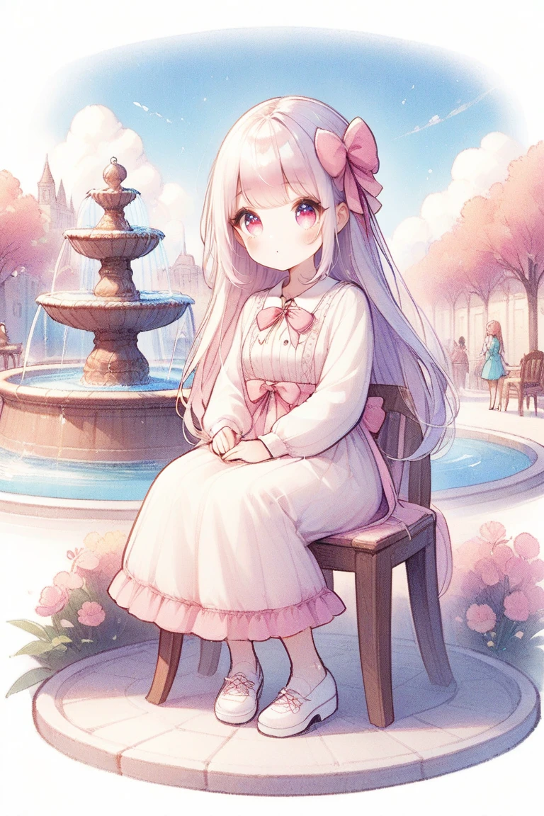 1girl,kawaii,dress,street,concept art,sit,wood chair,fountain,sky,cloud,