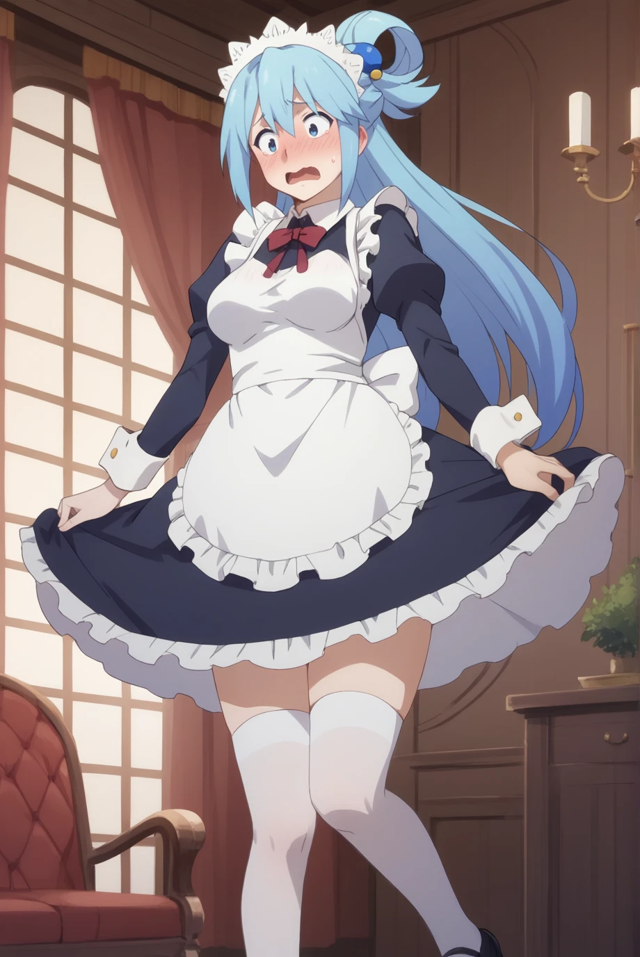 score_9, score_8_up, score_7_up, score_6_up, score_5_up, score_4_up, BREAK source_anime, 1girl, solo,
<lora:AquaXL-v1-07:0.7>, ChopioAqua, blue hair, long hair, very long hair, hair ornament, hair between eyes, blue eyes,
mature female, (thick thighs:0.8), medium breasts,
single hair ring,
outfit_3, enmaided, maid, maid headdress, blue dress, juliet sleeves, red bowtie, maid apron, white bow, frills, white thighhighs, zettai ryouiki, black footwear,
living room, fantasy, standing, embarrassed, shy, open mouth, (blush:1.1),