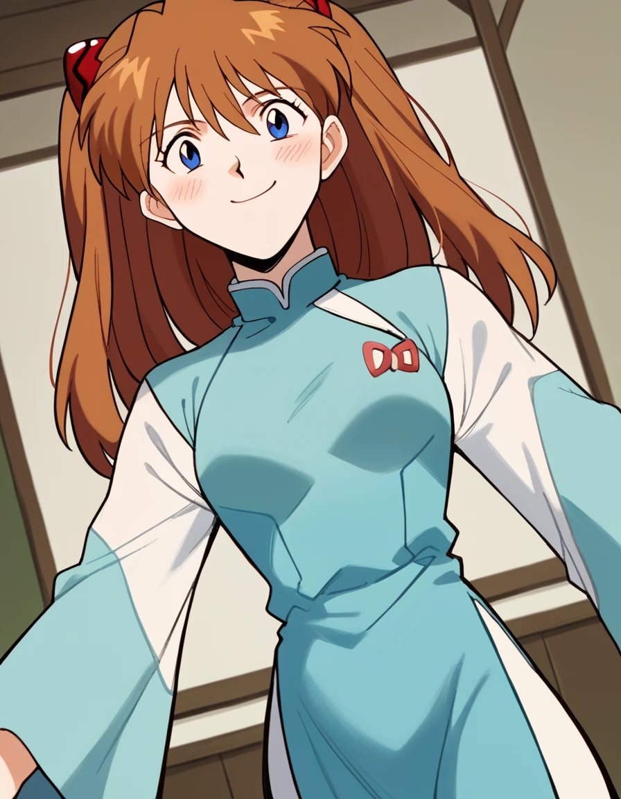 score_9, score_8_up, score_7_up, source_anime, asukalangleysoryu, <lora:asuka-langley-soryuu-classic-ponyxl-lora-nochekaiser:1>, asuka langley soryu, long hair, bangs, blue eyes, brown hair, hair ornament,, <lora:vietnamese-dress-ponyxl-lora-nochekaiser:1>, vietnamese dress, vietnamese clothes, rice hat,, indoors, smile, blush,, cowboy shot, dutch angle, looking at viewer,