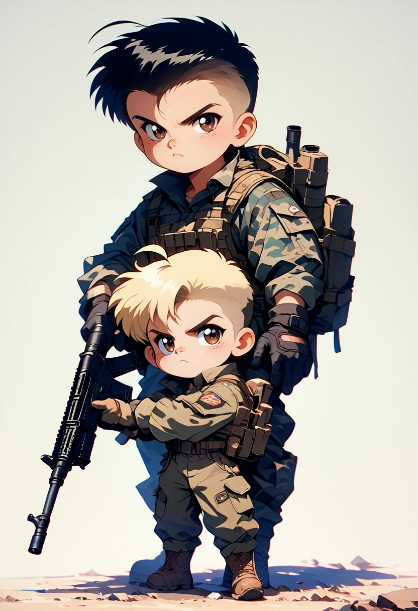 (score_9, score_8_up), score_7_up, 2boys, looking at viewer, black hair, crew cut, blonde hair, mercery, chibi, cute, simple background, brown eyes, gloves, holding, frown, black turtle neck, camouflage, black cargo pants, weapon, ahoge, boots, black gloves, elbow gloves, holding weapon, gun, shadow, holding gun, rifle, load bearing vest, retro
<lora:nostalgia-000011:0.9>   <lora:warcore-000011:0.8>