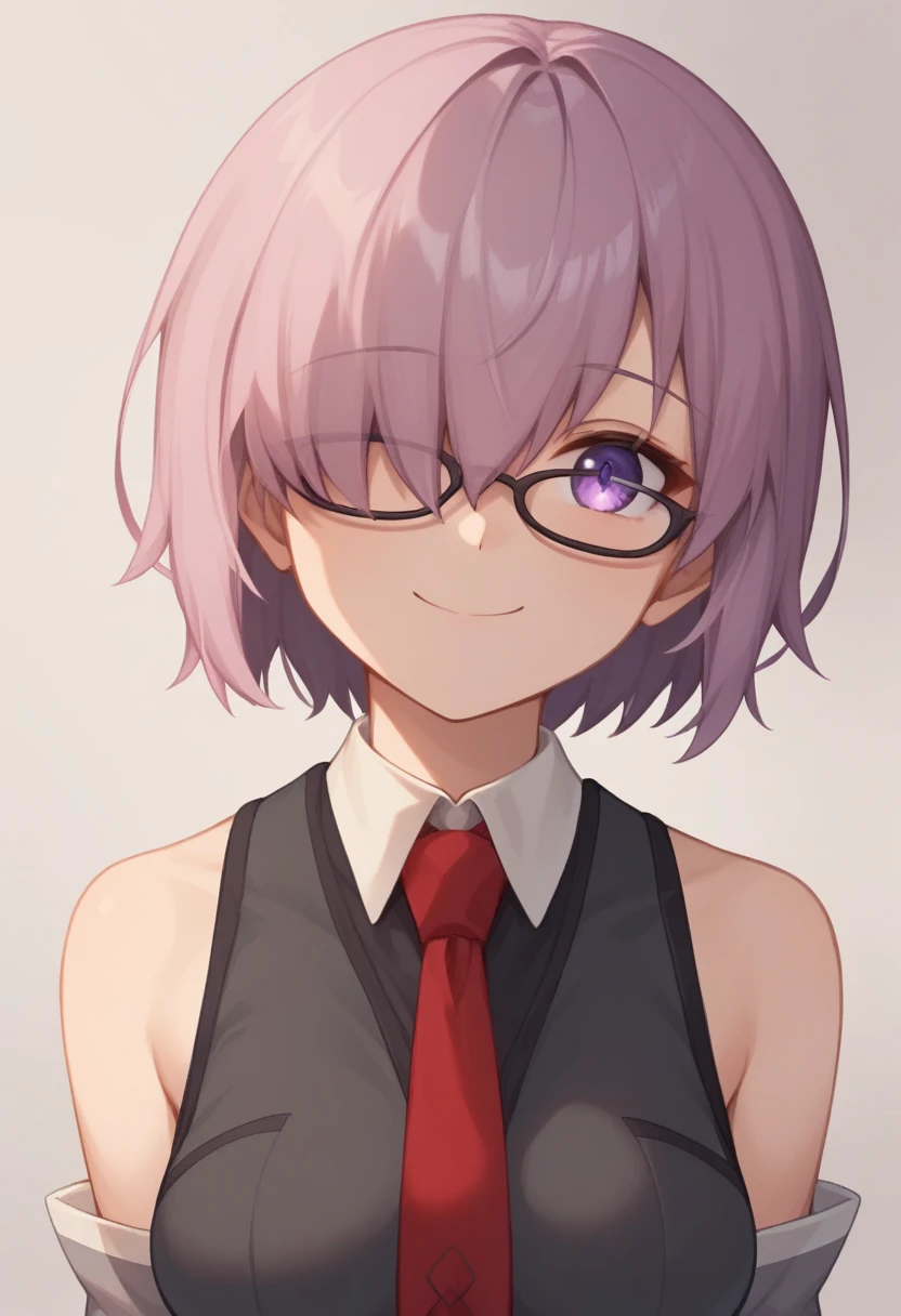 score_9,score_8_up,score_7_up,<lora:mash_kyrielight:1>,1girl, commentary_request, detached_sleeves, glasses, grey_sleeves, hair_over_one_eye, highres, hoodie, large_breasts, looking_at_viewer, mash_kyrielight, necktie, photoshop_\(medium\), purple_eyes, purple_hair, short_hair, smile, solo, upper_body