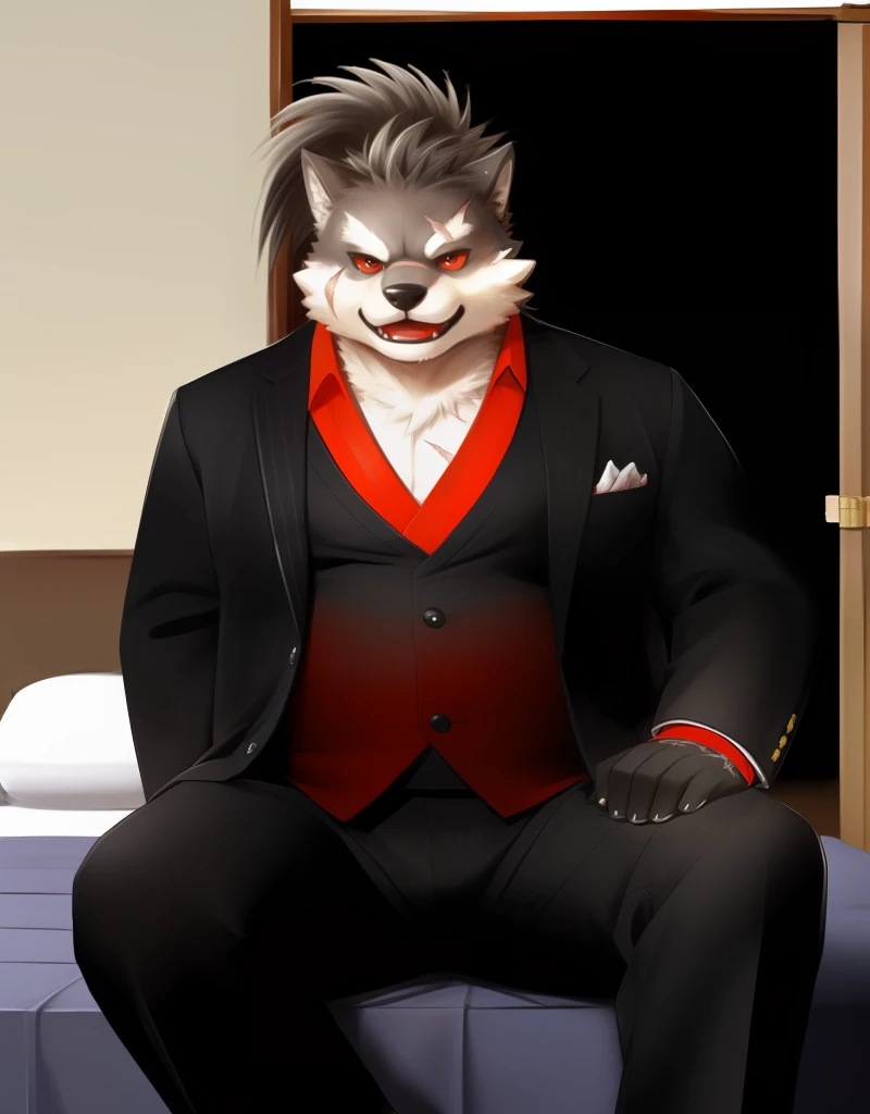 (((detailed eyes, detailed face))), (furry, shino <lora:character_shino_findigo_v3+1:1>, two-tone fur, ponytail, dog boy, one eye covered, bangs, scar, tattoo on hand, red sclera), male, (solo), (plump, fat, chubby, overweight), (black suit, black vest, red shirt), sitting, (arms behind back), smile, (front view) BREAK (konzaburou, ukan_muri), bedroom, (flat shading, flat color, high brightness), 8k, UHD, masterpiece, (full body), (scar on face, scar on cheek, scar on arm, scar on nose)