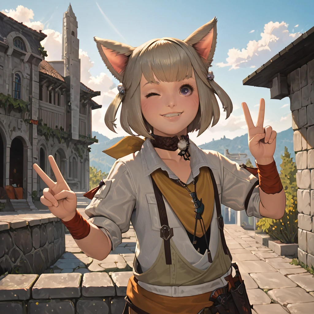 score_9, score_8_up, score_7_up, best lighting, detailed background, outdoor, marble building, stone buildings, cinematic, 4k, hires, <lora:Khl0eAliap0h_PonyXL_V1:1> khl0ealiap0h, 1girl, animal ears, solo, cat ears, miqo'te, smiling, posing, peace sign, wink