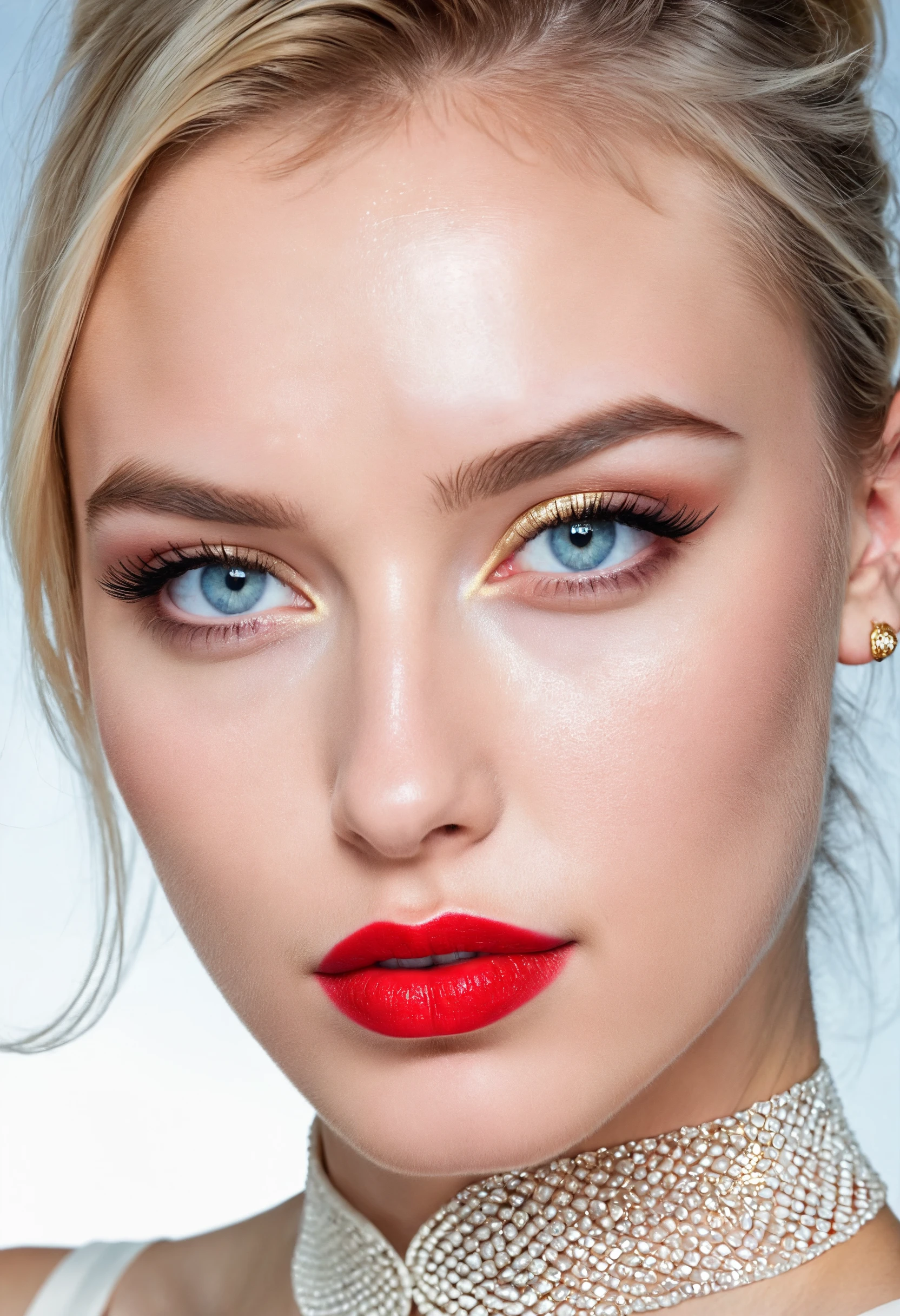 high detail, photo realism, natural skin texture, skin details, natural pores, pale and natural,
professional photography of a russian girl, white blouse, makeup, eyeshadow, black eyelashes, pupils, bright pupils, heterochromia, sky blue eyes, bright red lipstick, (teardrop tattoo:1.2), gold jewelry, solid background, pastel colors,