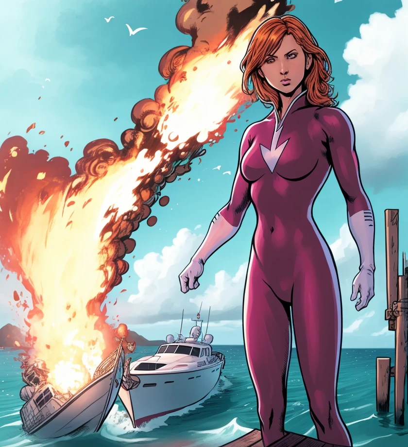 1girl, photography portrait of tall blonde woman, short haircut, grey eyes, red leather swimsuit, outfit for diving, scuba girl, bare foots, full body view shot, looking at viewer, holds a spear-gun in her hand, sea on background
