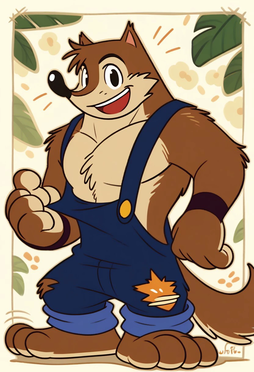 score_9, score_8_up, score_7_up BREAK Wuffl, 1boy, brown fur, beige muzzle, black nose, black eyes, beige chest, tail, dark brown cotton wristbands, blue overalls, right knee yellow patch, happy at viewer,