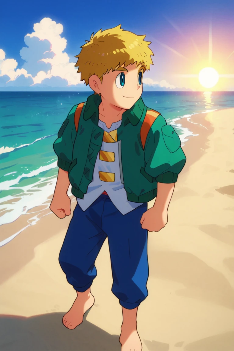 score_9,score_8_up,score_7_up,source_anime,1boy, male, solo, looking away,Flock,blonde hair, blue eyes, sky, smile, white shirt, green jacket, blue pants, beach, sun, light rays, standing,posing, barefoot<lora:EMS-383141-EMS:0.800000>