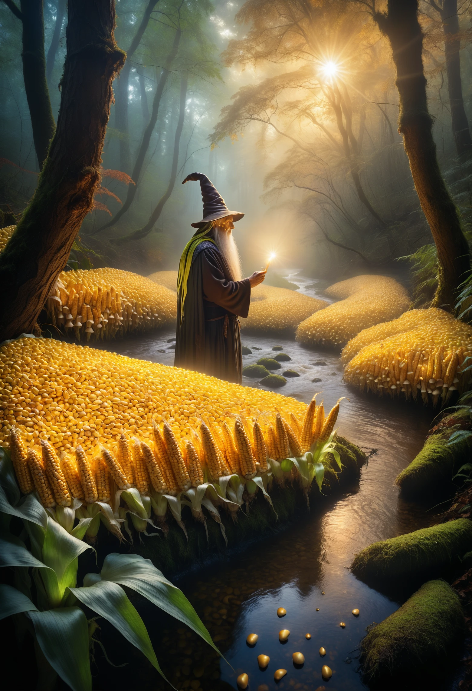 corn kernels, a photorealistic picture of wizard in A dense, misty forest at sunset, with glowing mushrooms and a shimmering river flowing through the trees ,Jed-CornK   <lora:CornKernelStyle-000006:0.5>