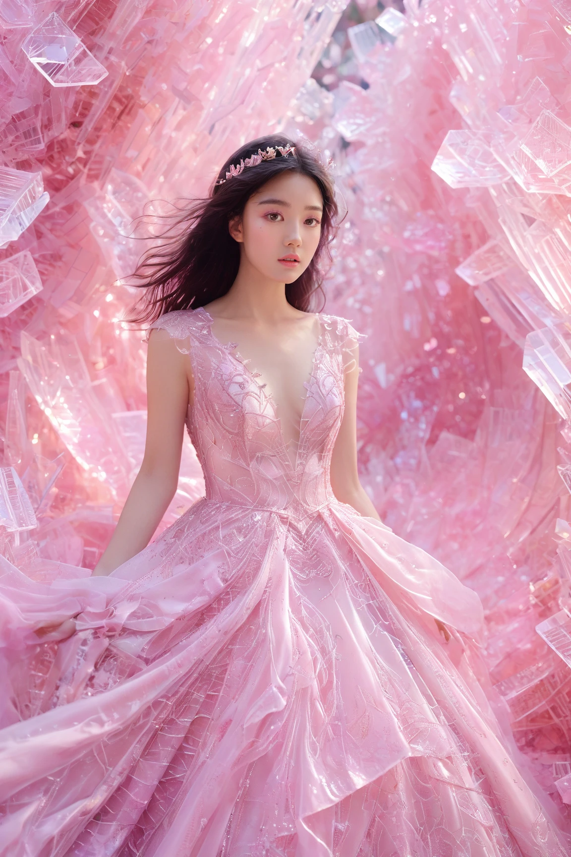 A young woman amidst a mesmerizing backdrop of shattered crystal-like structures. She wears a delicate pink gown adorned with intricate patterns and sequins. Her dark hair flows freely, and her gaze is intense and focused. The entire scene is bathed in a soft pink hue, creating an ethereal and dreamy ambiance.<lora:EMS-412156-EMS:0.600000>, <lora:EMS-310343-EMS:0.800000>