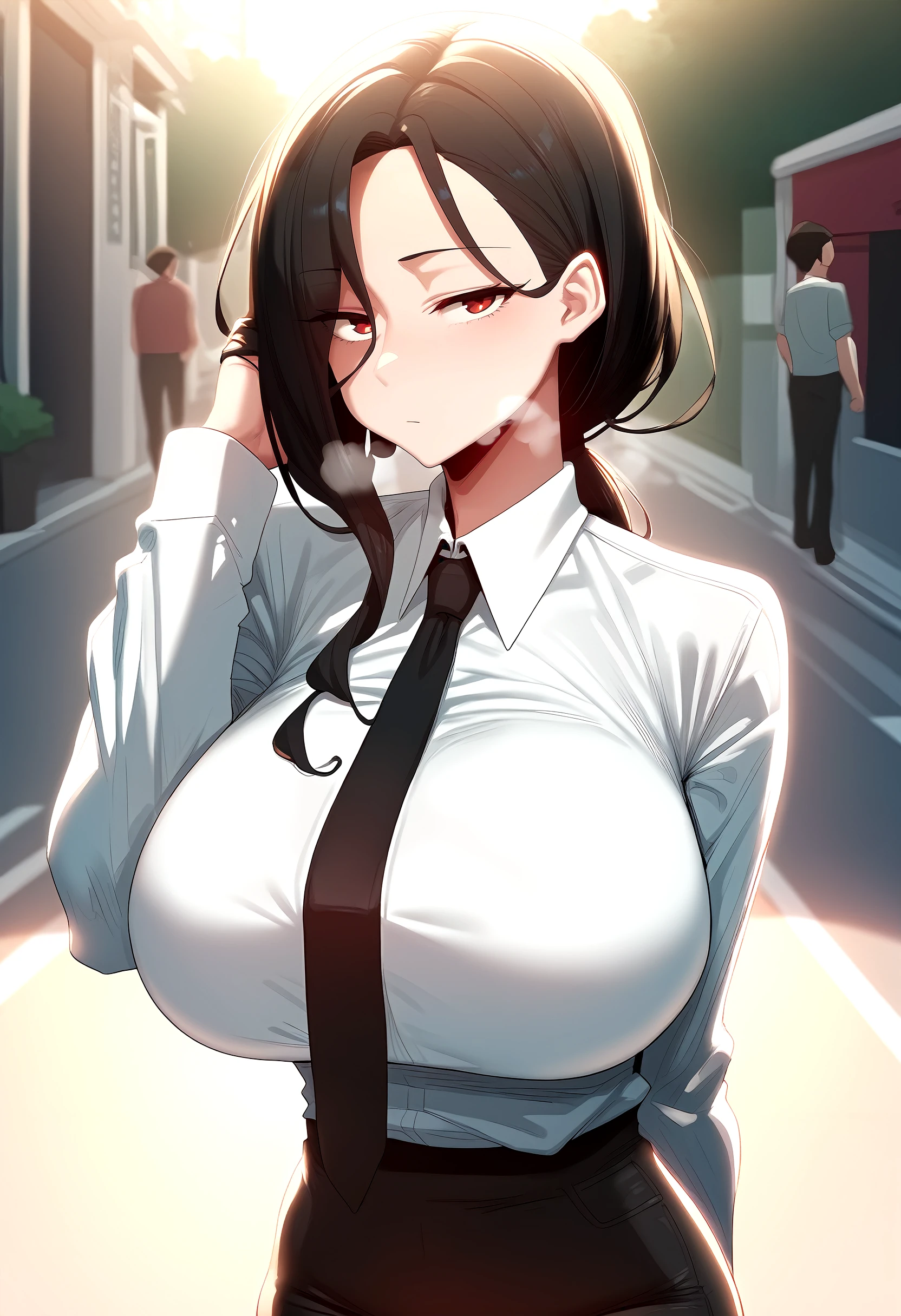 high quality, high resolution,(((nsfw))),(((night))),(((outdoor))),(((one adult woman))),(((beautiful face))),(((black wavy hair))),(((large breasts:1.5))),(small areola),((sweaty skin)),  
BREAK,(((bare breasts))),(((show off nipple))),(((business suit))),((Pencil skirt)),((long sleeves)),(((pantyhose))),
BREAK,(ahegao:1.2),((excitement)),((embarrassed)),(red cheeks),
BREAK,(((model posing))), 
BREAK,(((cinematic angle))),(looking at viewer),(((focus on pussy)))