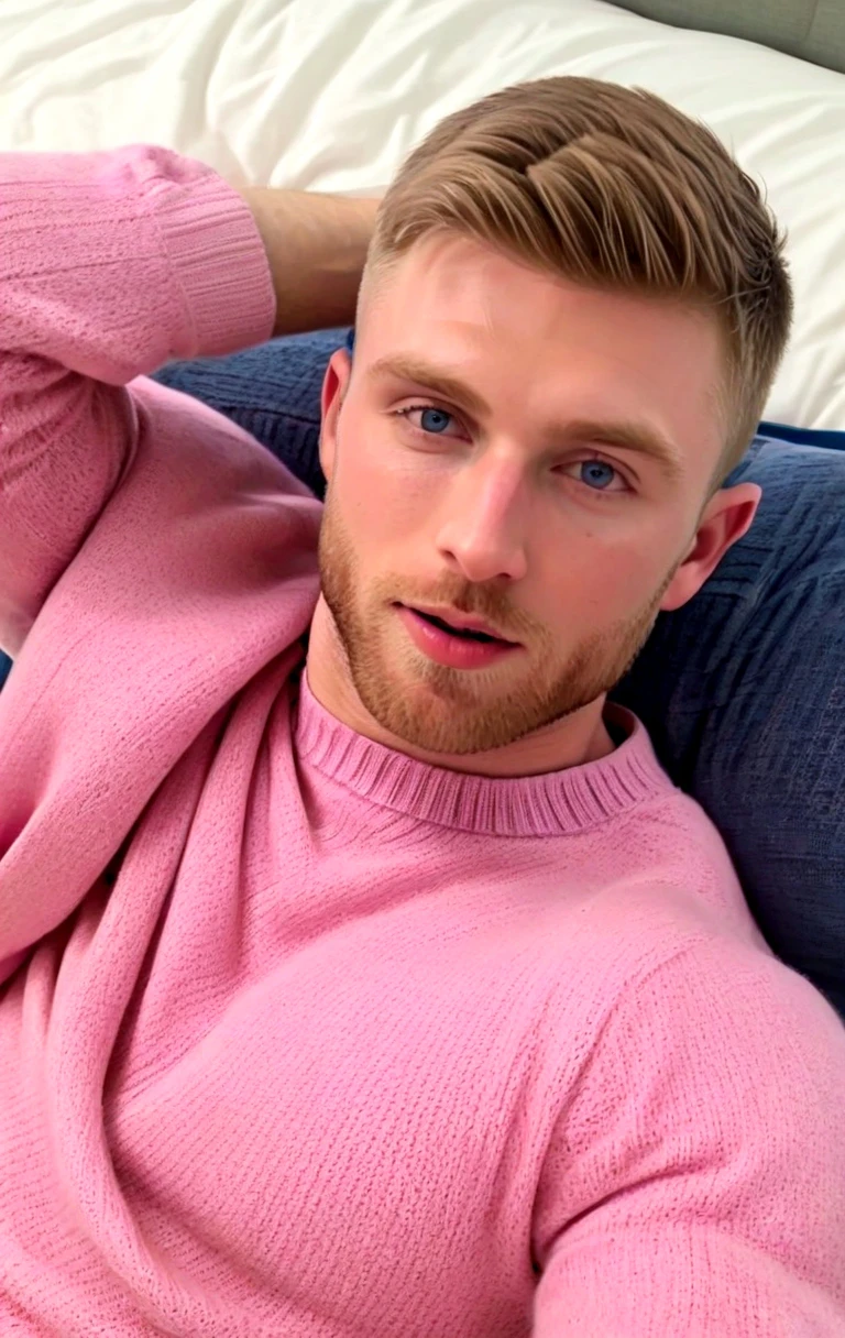 @mtthwlls1, Matthew Ellis, a man dressed in pink sweater is laying on a bed, blue eyes, male focus, solo, 1boy, male focus, facial hair, short hair, socks,  covering crotch, on back, lying,  ring, navel, white socks,  looking at viewer, beard,  wristwatch,  bulge, brown hair, bed, undercut, spread legs
<lora:aibfx4.sdxl:0.1><lora:@mtthwlls1.v2.matthew.ellis.character.sdxl_epoch_3:0.6>