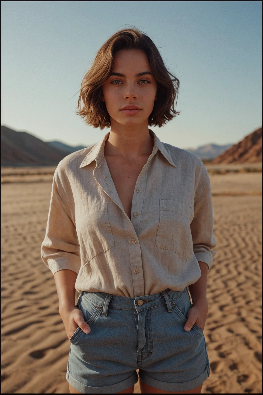 a woman wearing linen shirt and Bermuda shorts, (desert:0.6), (golden hour:0.4)  <lora:[PR]_-_Priscilla_Huggins_Ortiz:1> mt-priscilla, RAW candid cinema, 16mm, color graded portra 400 film, remarkable color, ultra realistic, textured skin, remarkable detailed pupils, realistic dull skin noise, visible skin detail, skin fuzz, dry skin, shot with cinematic camera