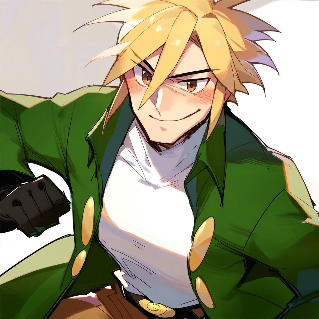 score_9,score_8_up,score_7_up, solo, 1boy, male focus, sidelocks, blonde hair, brown eyes, black gloves, white shirt, green jacket, belt, brown pants, smile, blush, closed mouth