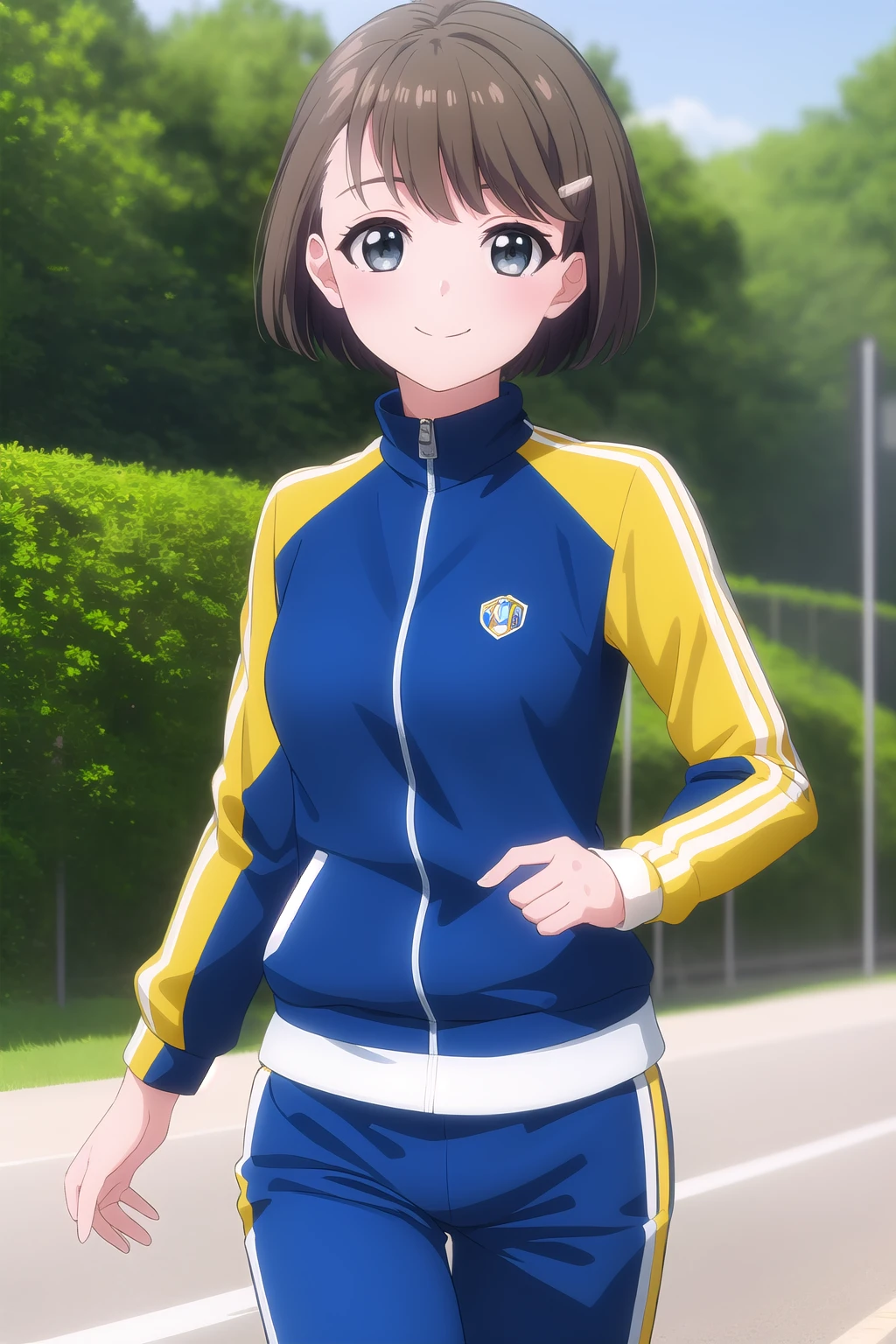 (masterpiece, best quality), highly detailed background, perfect lightingbest quality, onomami, solo, outdoors, nature, running, brown hair, swept bangs, hairclip, short hair, grey eyes, medium breasts, blue jacket, zipper pull tab, track jacket, long sleeves, blue pants, track suit, smile, closed mouth, :), <lora:Ono-Mami:0.7>