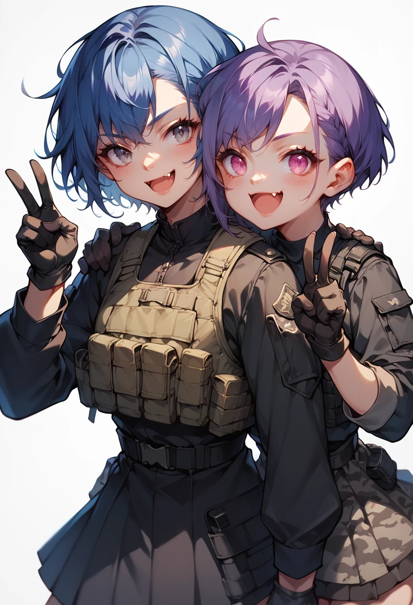 (score_9, score_8_up), score_7_up, 2girls, hand on shoulder, grinning, smiling, blue hair, purple hair, grey eyes, pink eyes, white background, skirt, black uniform, military, black military uniform, black bulletproof vest, (all black attire:1), mouth open, fang, cute, clenched hand, gloves, v sign, dark camouflage, simple background, black shirt 
<lora:warcore-000011:0.9>