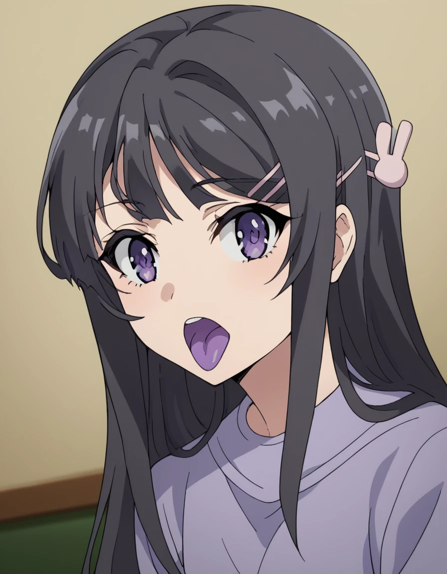 score_9, score_8_up, score_7_up, source_anime, maisakurajima, <lora:mai-sakurajima-s1-ponyxl-lora-nochekaiser:1> mai sakurajima, long hair, bangs, black hair, hair ornament, purple eyes, hairclip, rabbit hair ornament,, <lora:ghost-pose-ponyxl-lora-nochekaiser:1>, ghost pose, ghost, purple tongue, open mouth, looking up,, indoors,, cowboy shot, dutch angle, looking at viewer,