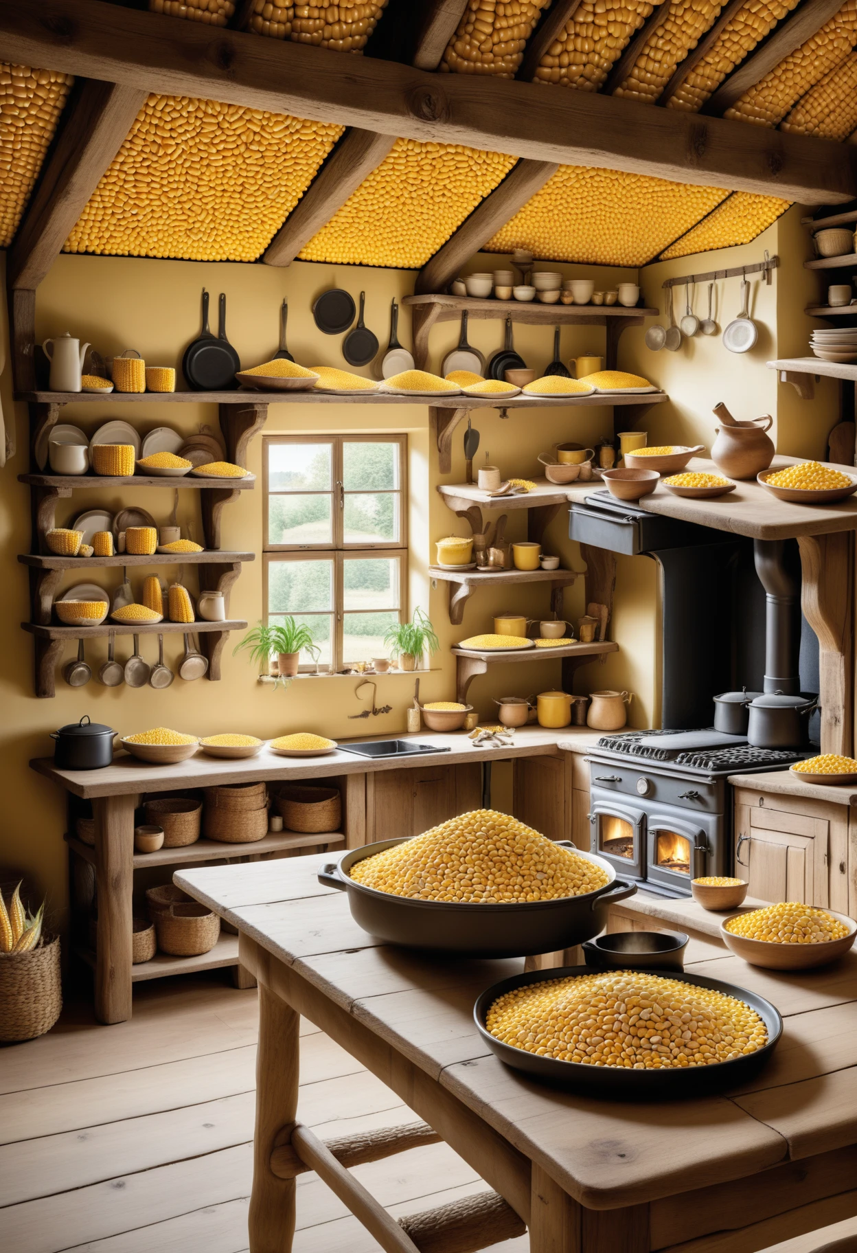 A rustic kitchen made of corn kernels with wooden beams, a large dining table, open shelves full of dishes and an old wood stove, Jed-CornK    <lora:CornKernelStyle:0.7>