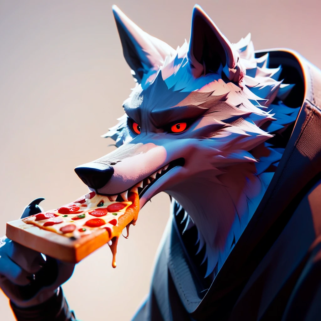 score_9_up, score_8_up, score_7_up, source_furry, Death \(character\), wolf, 1boy, solo, red eyes, eating pizza,