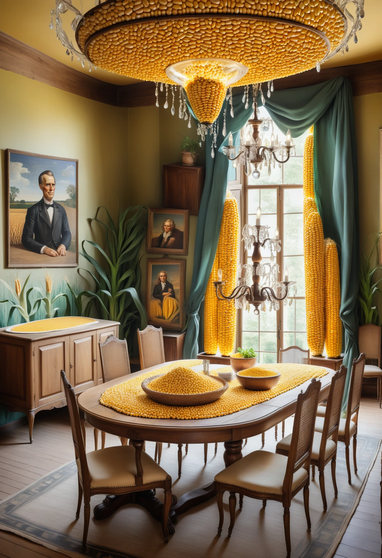 A vintage dining room with a large wooden dining table made of corn kernels, antique chairs, a crystal chandelier and old paintings on the walls, Jed-CornK    <lora:CornKernelStyle:0.7>