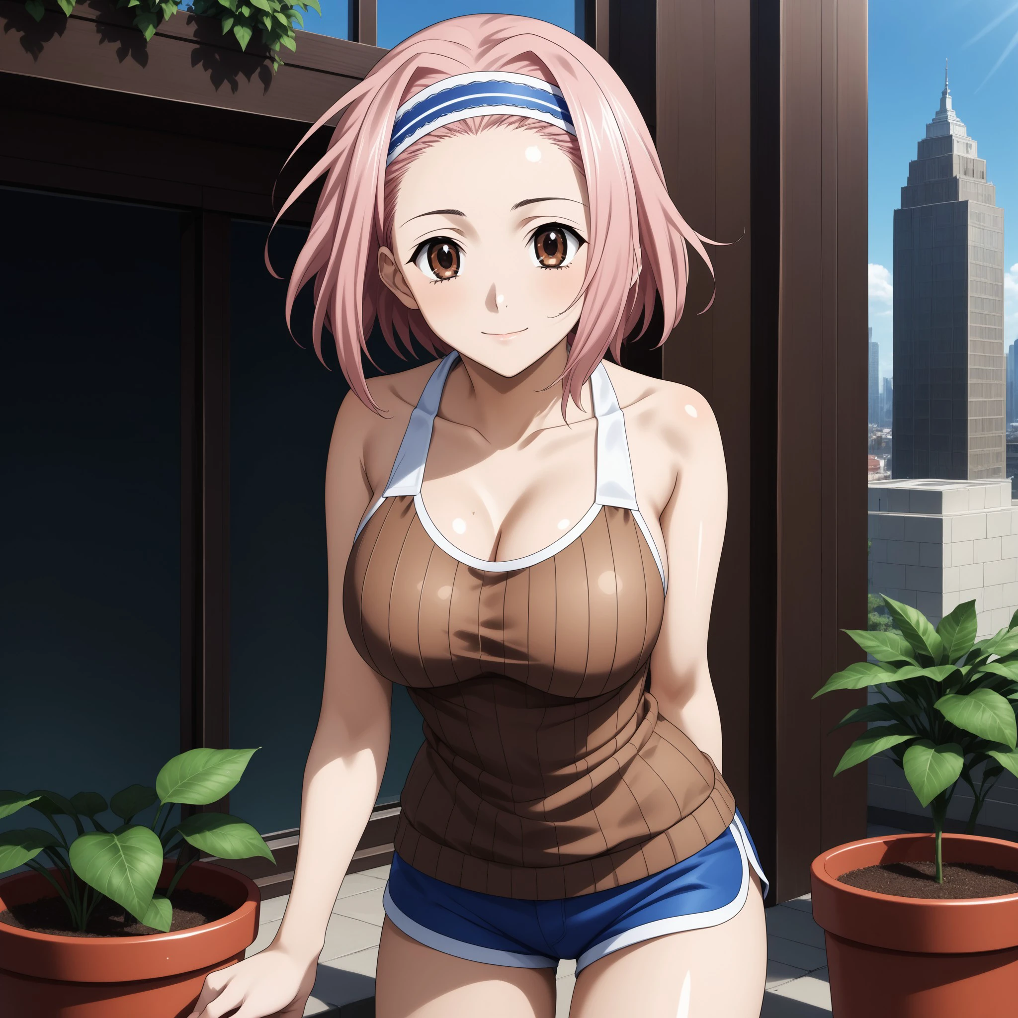 (masterpiece), best quality, expressive eyes, perfect face, 1girl, Katase, headband White, Pink hair, Short hair, Medium boobs, Brown eyes, tank pot, shorts, city, day, detailed, more details, high detailed, many details, intricate details, intricate_details_xl, , <lora:1b3a4f09-255e-42f5-bcd7-f0f56b3d7e42:0.7>, <lora:df372332-867a-4ad7-8a14-3d1049345796:0.7>, <lora:2848fb23-d446-4028-910f-51b3d52f840f:0.7>