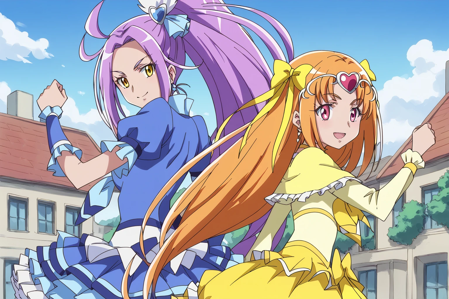 <lora:suite_precure_all_in_one_sdxl_locon_pony_v1:0.7> score_9, score_8_up, score_7_up, source_anime BREAK day, house, building, cloud, outdoors, tree, blue sky, window, depth of field,
2girls, cure beat, purple hair, side ponytail, high ponytail, very long hair, parted bangs, ahoge, yellow eyes, eyelashes, hairpin, hair ribbon, earrings, blue dress, frilled dress, puffy short sleeves, frilled sleeves, blue skirt, frilled skirt, layered skirt, miniskirt, petticoat, wrist cuffs, arm warmers, blue neckwear, blue choker, brooch, blue legwear, blue thighhighs, upper body, looking back, from side, smile, back-to-back, clenched hand, fighting stance,
2girls, cure muse \(yellow\), orange hair, blonde hair, brown hair, very long hair, pink eyes, purple eyes, red eyes, eyebrows visible through hair, eyelashes, yellow dress, capelet, long sleeves, wrist cuffs, bubble skirt, yellow skirt, layered skirt, frilled skirt, yellow choker, yellow neckwear, brooch, hair ribbon, hair bow, yellow ribbon, yellow bow, circlet, tiara, heart hair ornament, earrings, upper body, looking back, child, from side, smile, back-to-back, clenched hand, fighting stance,