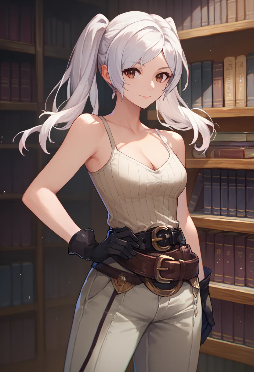 score_9, score_8_up, score_7_up, solo, 1girl, femrobindef, smile, looking at viewer, standing, hand on own hip, white hair, twintails, brown eyes, white camisole, belt, black gloves, pants, bare shoulders, cleavage, indoors, library <lora:fireemblem_femrobin_ponyXL-000008:1>