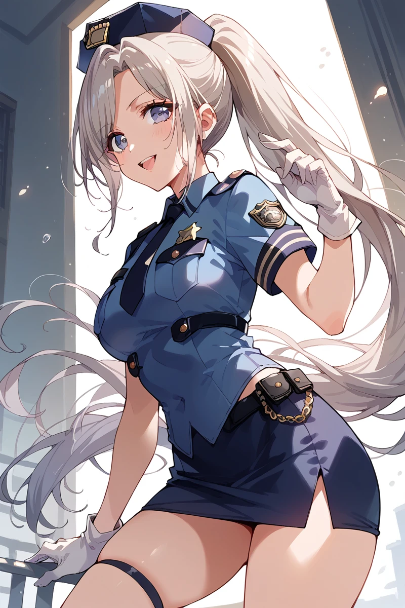 score_9, score_8_up, score_7_up, score_6_up, 1girl,
 <lora:Niijima_Ibuki:0.9> ibuki, long hair, ponytail, police, policewoman, white gloves, short skirt,