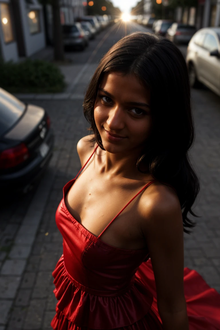 (Cinematic Shot:1.3)(from above:1.3) Tower13_Aline (smile:1.3) (skinny, slim, slender, narrow waist:1.3)BREAK (Wearing Red plastic Tiered maxi sundress with a scoop neckline and adjustable straps:1.3) BREAK (At A Redlight district , in Munich:1.3) ((Photo Focus, DOF, Aperture, insanely detailed and intricate, character, hypermaximalist, hyper realistic, super detailed, (lens flare)))<lora:exposure_control_v10:-0.3> <lora:more_details:0.3>