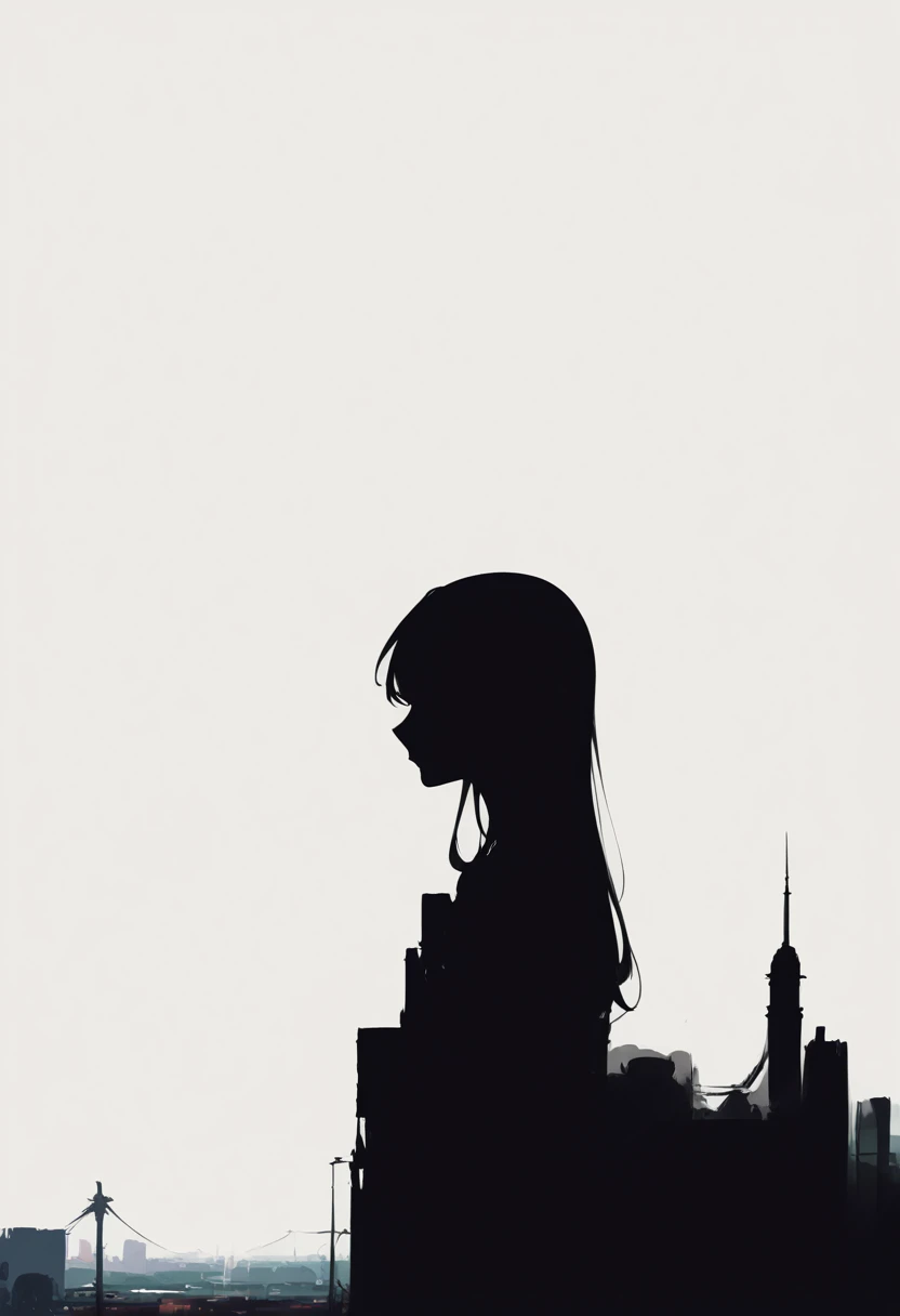 masterpiece,best,great,1girl,solo,white background,simple background,double exposure,silhouette,empty silhouette,close-up,upper body silhouette,cityscape in silhouette,building,long hair,from side,