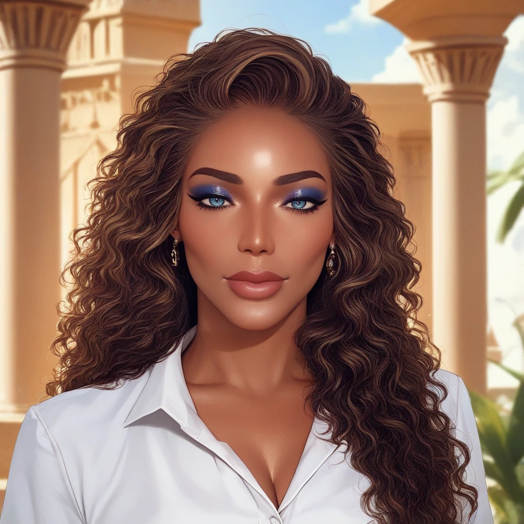 score_9, score_8_up, score_7_up, source_anime, professional photograph of Monij woman, up close, portrait, wavy hair, eyeliner, standing in the balcony of an Egyptian palace, Looking at the viewer. Pyramids in the background. rating_safe <lora:Monifa Pony-000005:1>