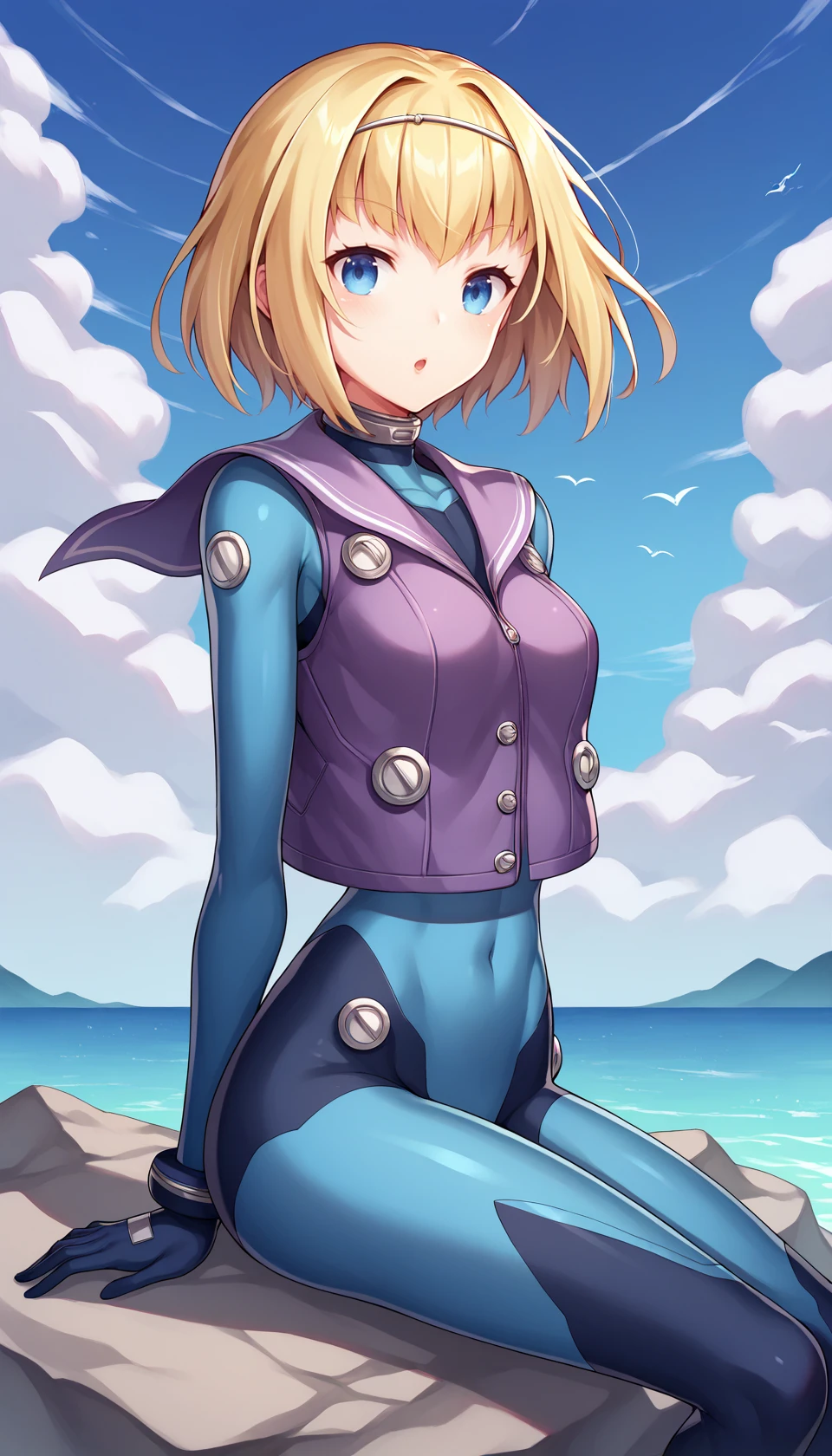 score_9, score_8_up, score_7_up, BREAK
1girl, MilindaBrantini, blonde hair, blue eyes, wide hips, 
bodysuit, ailor collar, purple vest, 
looking at side, arms at sides, sitting on a rock, 
outdoors, ocean, sky, clouds, 
<lora:MilindaBrantini_Pony:1>