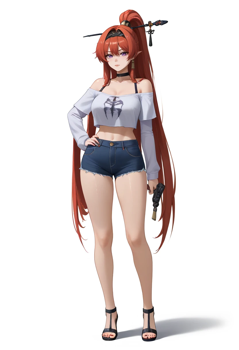 1girl, solo, long hair, breasts, bangs, large breasts, simple background, shirt, hair ornament, white background, navel, holding, cleavage, bare shoulders, jewelry, very long hair, standing, purple eyes, full body, white shirt, ponytail, red hair, shorts, choker, pointy ears, midriff, high heels, crop top, hand on hip, legs, short shorts, bare legs, black choker, sandals, denim, red nails, toenails, denim shorts, toenail polish, cutoffs, doll, yinlin  <lora:SDXL_Hyper:1>  <lora:Timm_Style_XL:1> <lora:StaC:1>