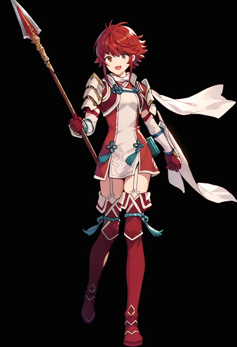 EnD_Hinoka, 1girl, armor, black background, boots, dress, full body, garter straps, gloves, holding, holding weapon, open mouth, polearm, red eyes, red footwear, red hair, red thighhighs, scarf, short dress, short hair, shoulder armor, simple background, smile, solo, spear, thigh boots, thighhighs, weapon, white scarf, BREAK  score_9, score_8_up, score_7_up, score_6_up, score_5_up, score_4_up,