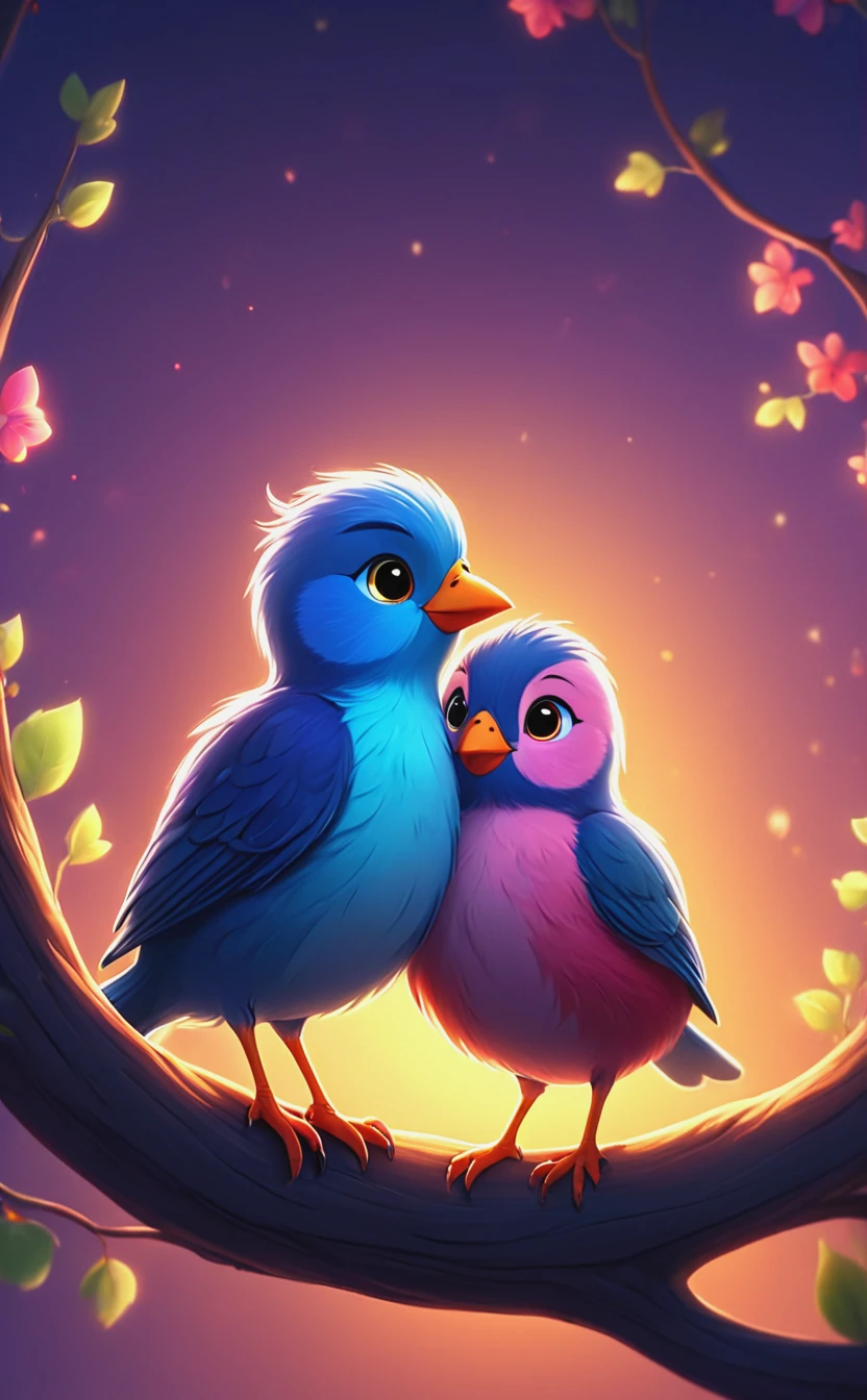 Love is, two cute bird hugs, illustration, cute cartoon, painting, animation, cinematic lighting, backlight, soft shadows, sharp focus, strong bold lines, fractal, colorful, depth of field, best quality, 16k resolution,  <lora:Love_is_antinoice_XL:0.7>