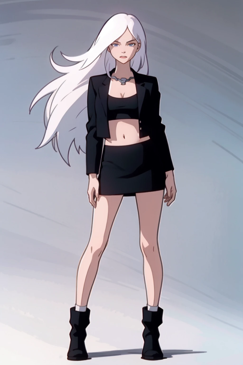 shlainn blaze, full body, simple background, grey background, standing, looking at viewer, black jacket, purple crop top, cleavage, midriff, black miniskirt, white socks, black ankle boots