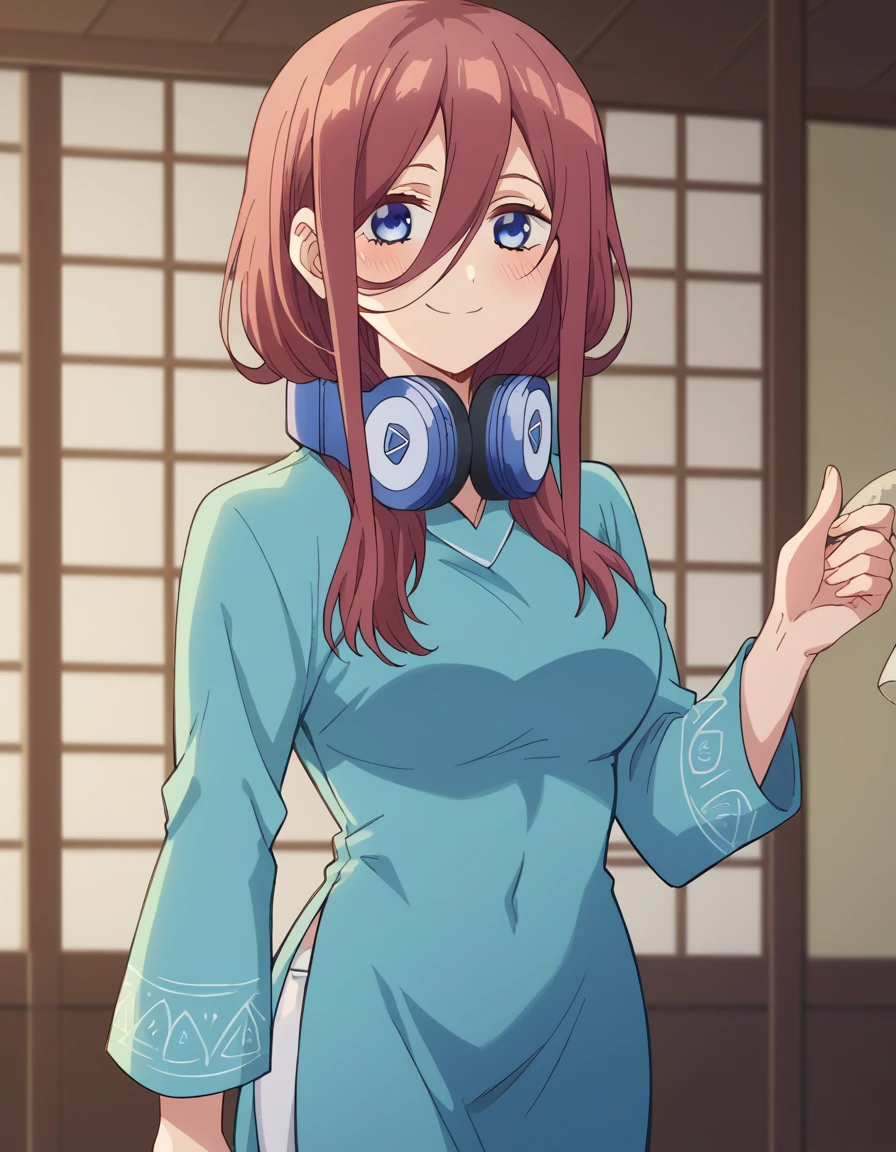 score_9, score_8_up, score_7_up, source_anime, mikunakano, <lora:miku-nakano-s1-ponyxl-lora-nochekaiser:1>, miku nakano, long hair, bangs, blue eyes, brown hair, hair between eyes, headphones, headphones around neck,, <lora:vietnamese-dress-ponyxl-lora-nochekaiser:1>, vietnamese dress, vietnamese clothes, rice hat,, indoors, smile, blush,, cowboy shot, dutch angle, looking at viewer,