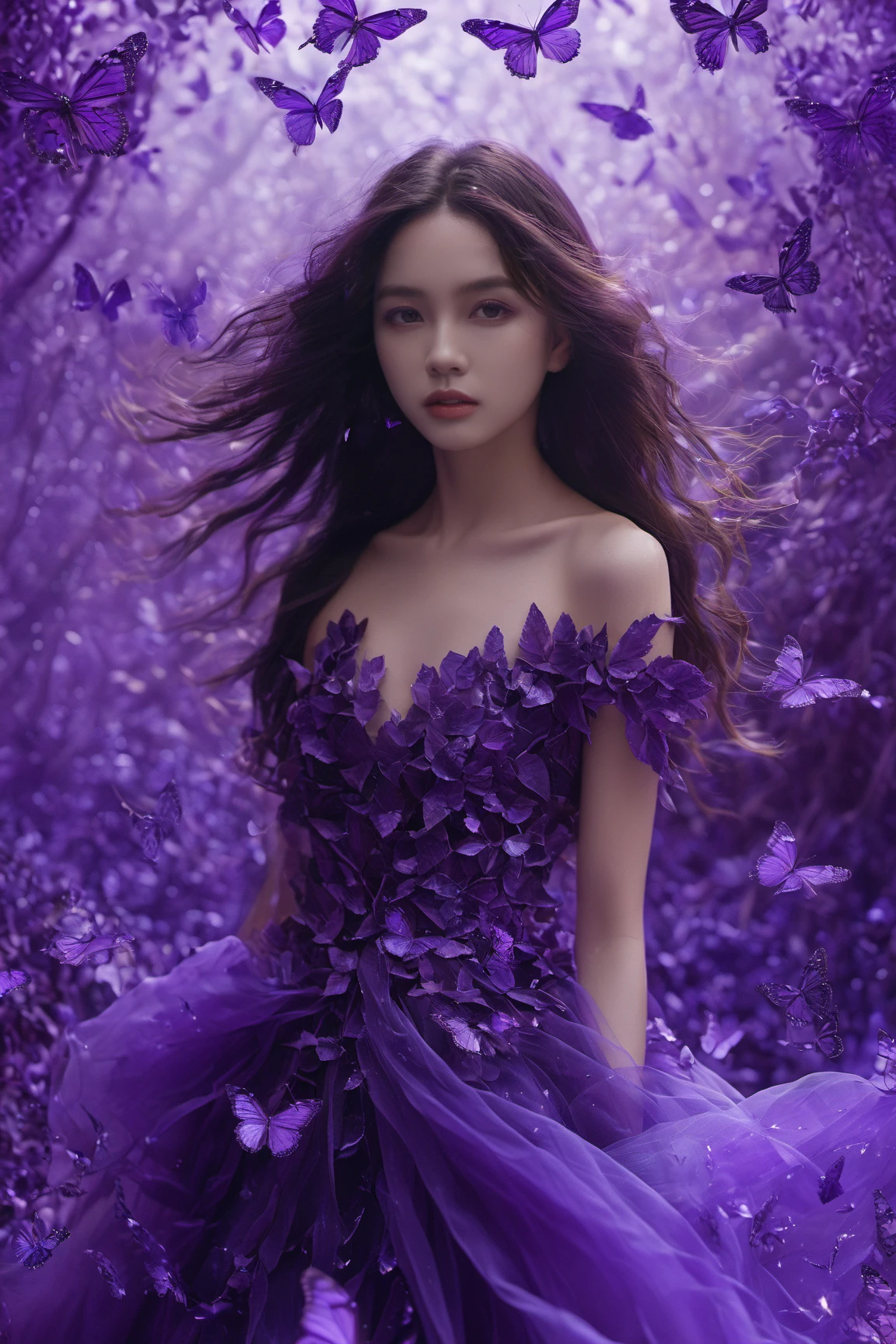 A woman surrounded by a myriad of amethyst purple butterflies. She wears a gown made of amethyst purple leaves, which flows gracefully around her. The backdrop is an amethyst purple-hued environment, possibly signifying an amethyst forest or a magical realm. The woman's long, wavy hair flows freely, complementing the ethereal ambiance of the scene.<lora:EMS-411922-EMS:1.000000>