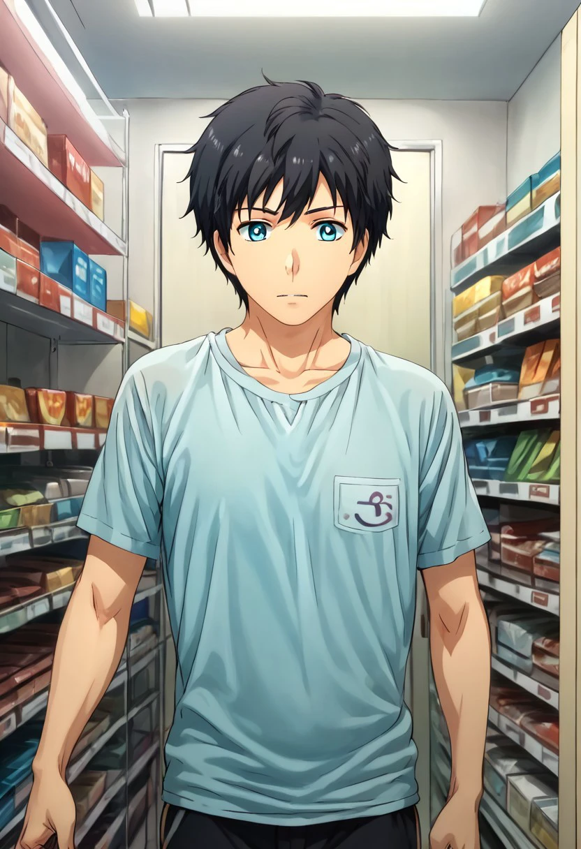 high resolution, solo, best quality, 1Boy, Arata Kaziaki, Black Hair, Blue Eyes, Shopping for clothes, fitting room, style, choice,