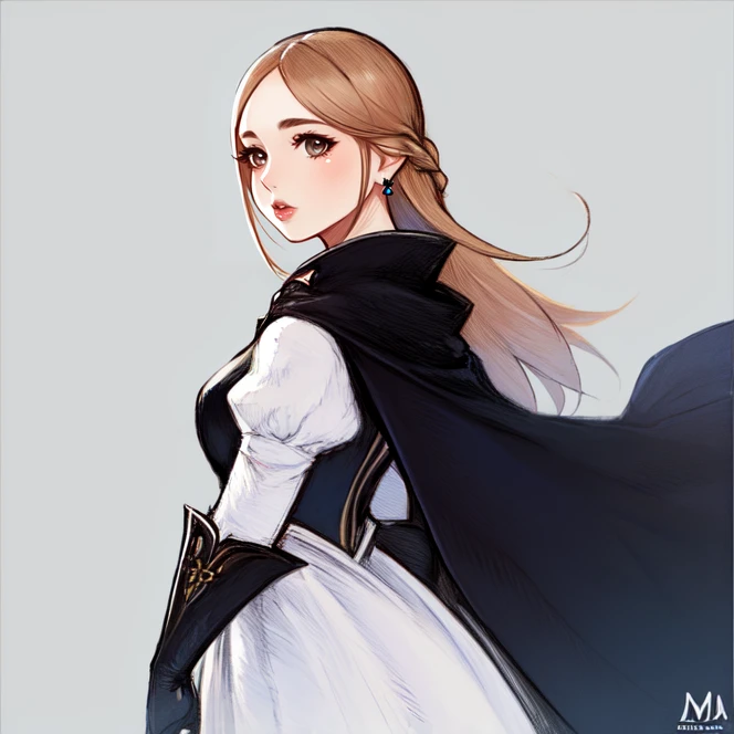 cowboy shot, solo, <lora:gloriaBravelyDefault2:0.85>, gloria_neu_musa, long hair, blonde hair, brown eyes, earrings, braid, white dress, black cape, gloves, simple background, from behind, looking back, standing, highres, Digital art, trending on artstation, best quality, insanely detailed, masterpiece, stunning environment, wide-angle,