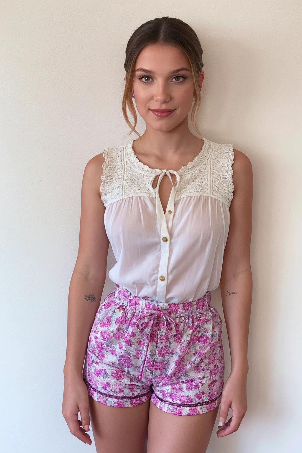 <lora:m1ll13-000040:1>, m1ll13, closeup, white wall, standing, blouse, shorts