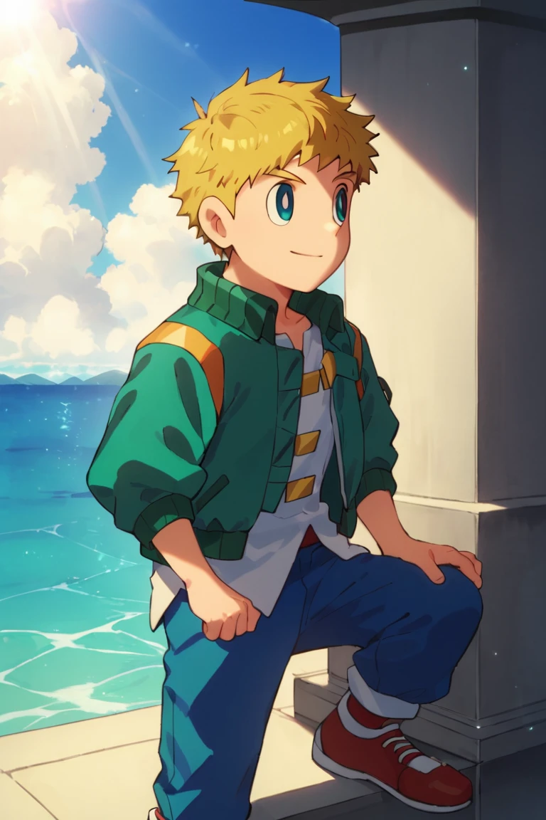 score_9,score_8_up,score_7_up,source_anime,1boy, male, solo, looking away,Flock,blonde hair, blue eyes, sky, smile, white shirt, green jacket, blue pants, light rays, red footwear<lora:EMS-383141-EMS:0.800000>