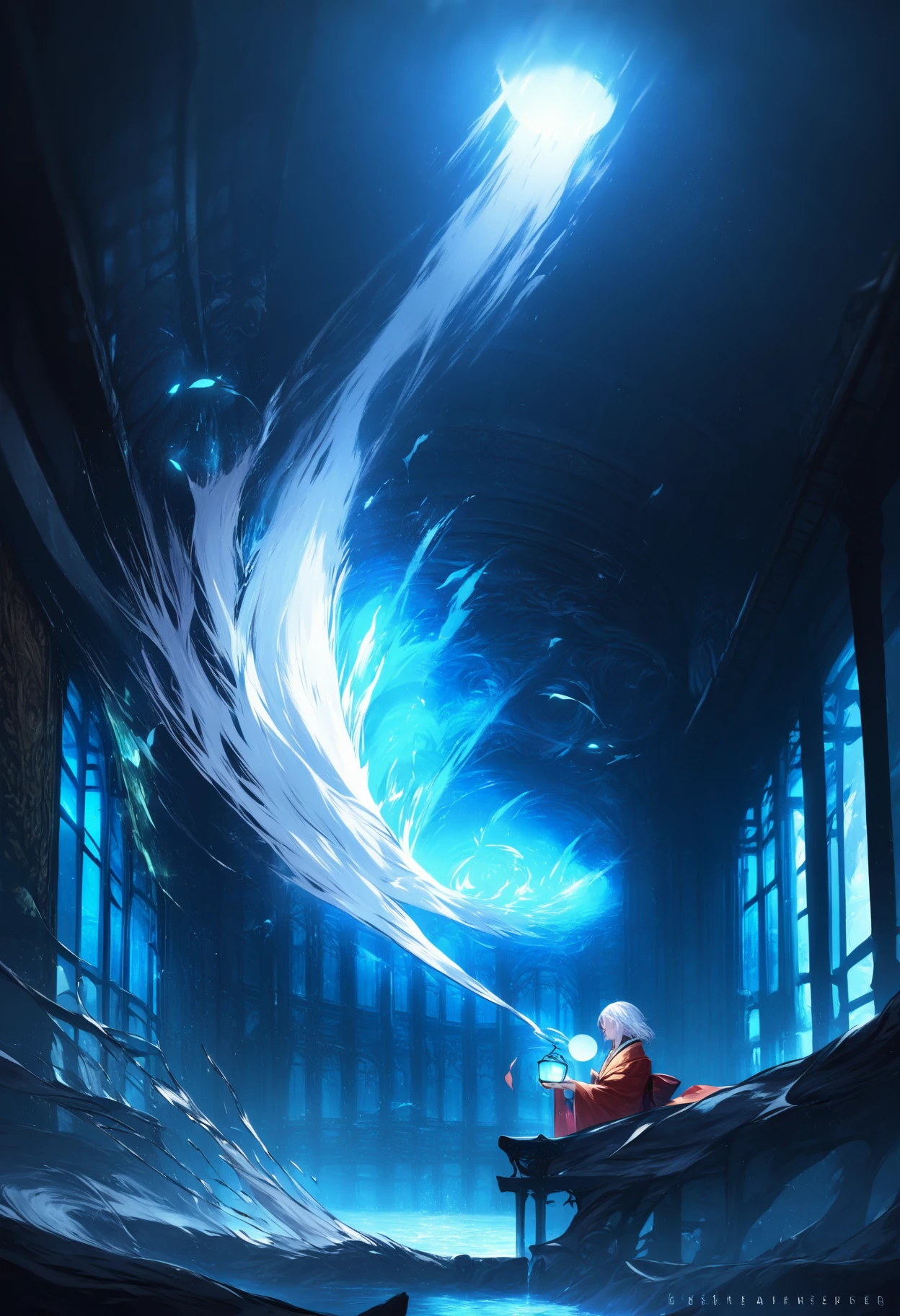 masterpiece,great,best,1girl,solo,floating water,(blue theme:0.5),kimono,holding lantern,dense,floating fish,fantasy,indoors,hallway,fantasy,white hair,contrast composition,from side,splash,waterfall,glowing water,underlighting,dark corridor,