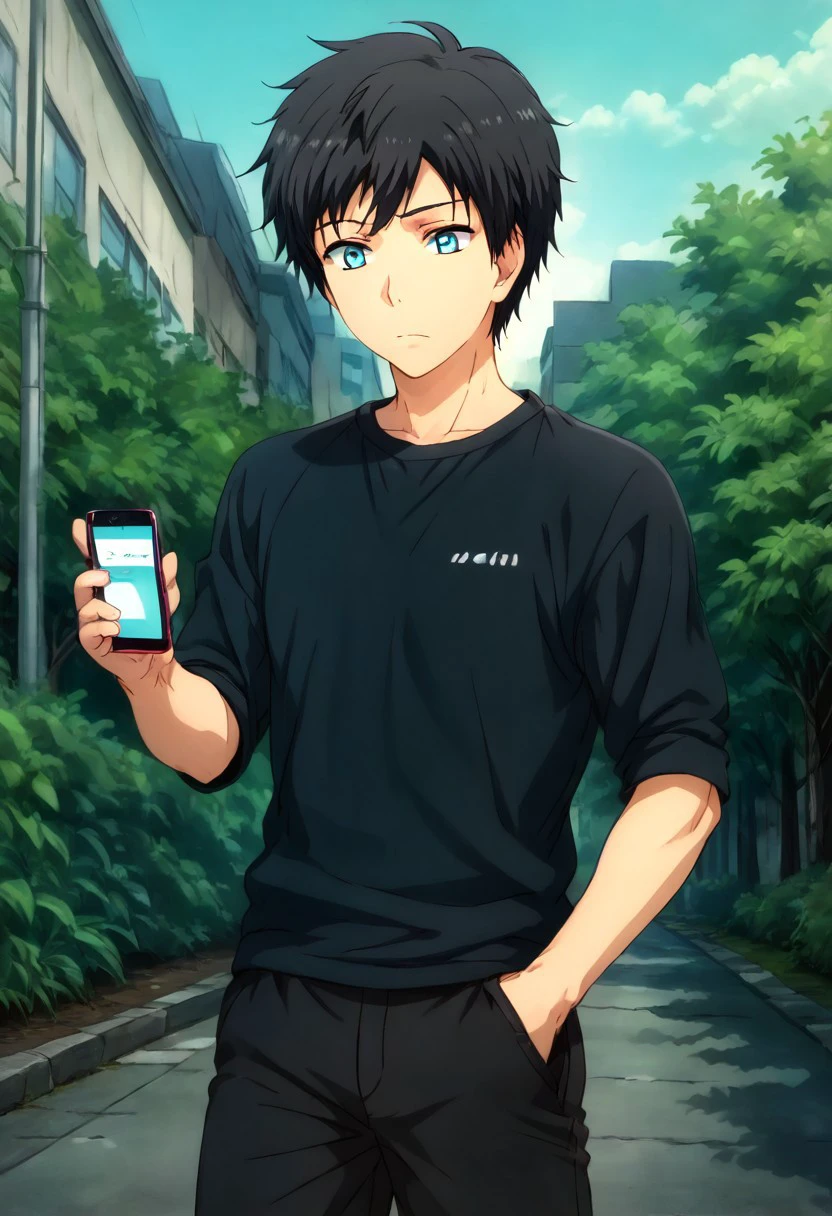 high resolution, solo, best quality, 1Boy, Arata Kaziaki, Black Hair, Blue Eyes, Phone call, conversation, catch up, connection, outdoors,