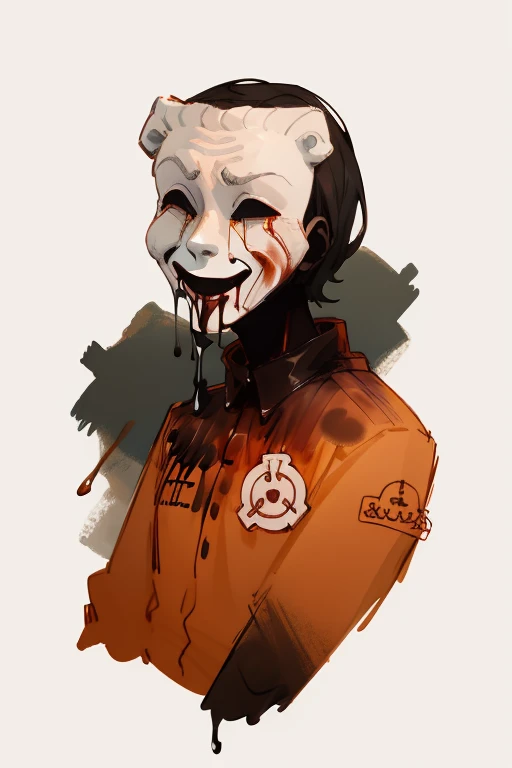 <lora:sco035-09:1>scp035, portrait, cowboy shot, half body, clothed, black slime, blood, covered in black slime, wearing prisoner outfit, orange jumper, detailed background,, masterpiece, best quality