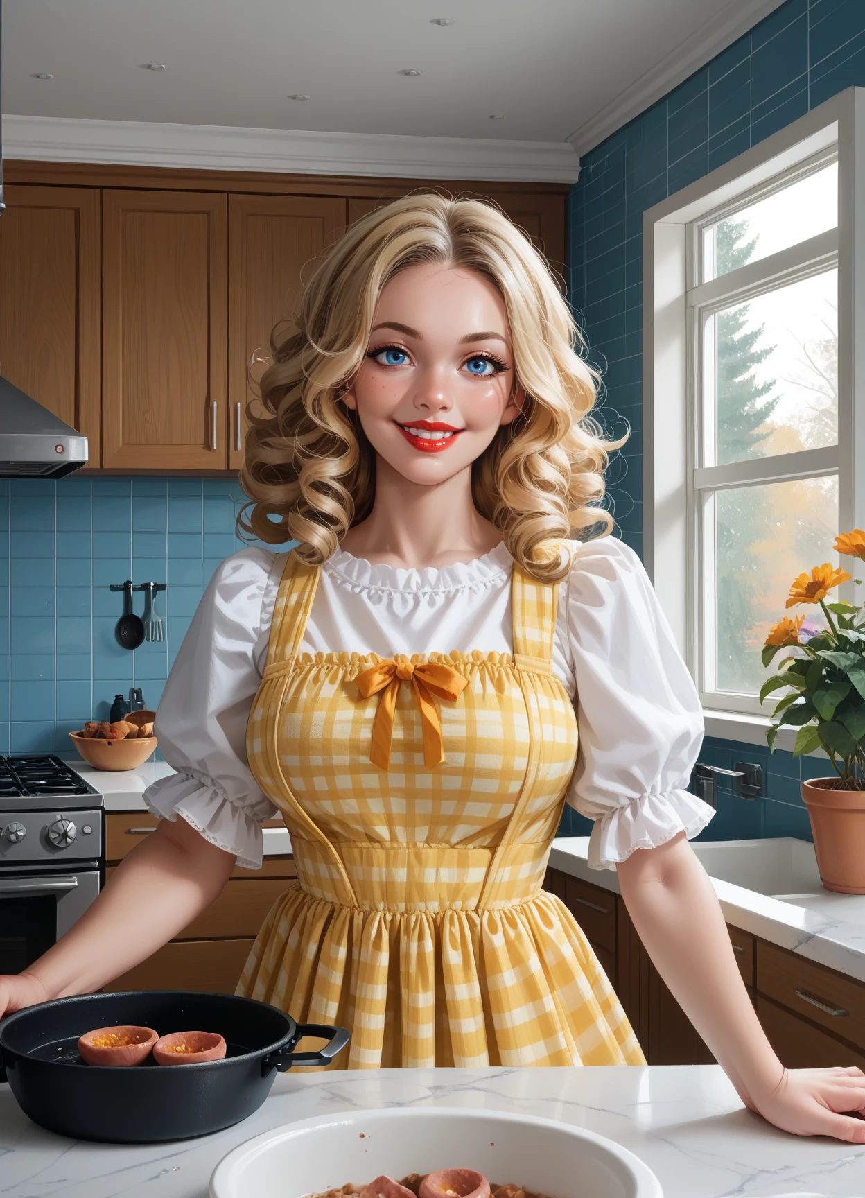 score_9, score_8_up, score_7_up, score_6_up, score_5_up, score_4_up, 1girl, solo, long blonde curly hair, blue eyes, makeup, lipstick, hud_drthy_drss, yellow dress, pinafore dress, short puffy sleeves, plaid, <lora:hud_drthy_drss_XLP:0.7>, dark, night, large breasts, sexy, upper body, frying pan, smile, hud_mdrn_kitc,  kitchen, blue walls, sink, scenery, indoors, window, flower,<lora:mod_kitchens:0.6>