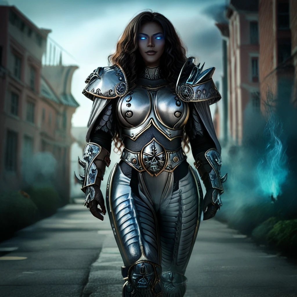 score_9_up, score_8_up, score_7_up, source_anime, professional photograph of Monifa Jansen, <lora:Monifa Pony-000008:1>,  <lora:arthas:1> wearing arth4s armor, full armor, metallic, gauntlets, glowing eyes, she's standing in a burning medieval city, battle, she's got black skin, staring at the viewer, wavy hair, rating_safe