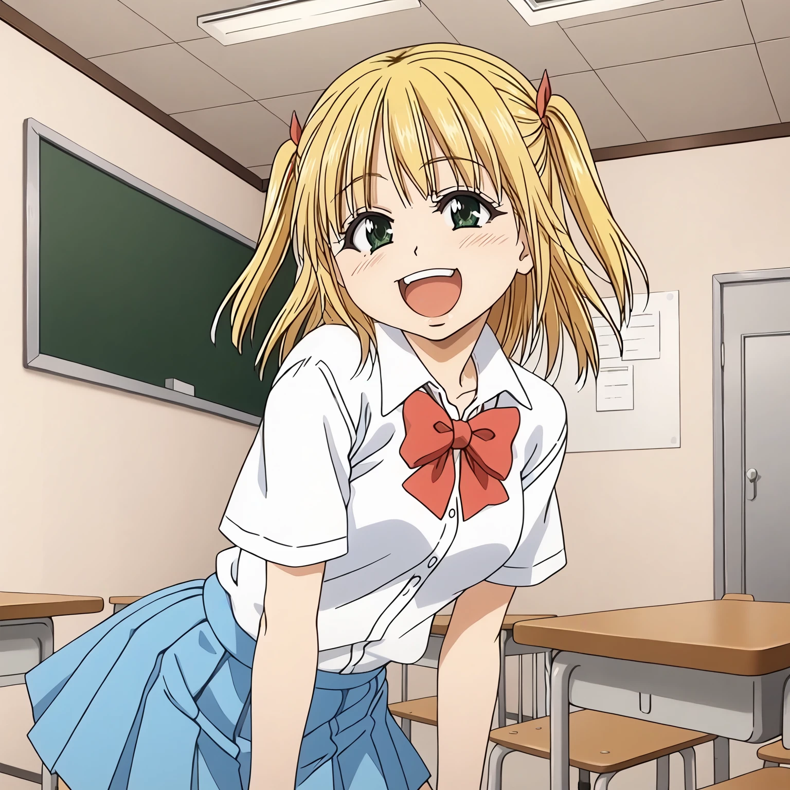 <lora:YuiWadaXLpony001>,
smile,open mouth,
solo,
YuiWada,1girl,blonde hair,two side up,green eyes,
school_uniform,white shirt,red bowtie,short_sleeves,
pleated_skirt,blue skirt,
black socks,
indoors,
standing,